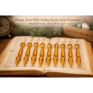 Vintage Jewel Brite Amber Orange Icicle Ornaments Mid-Century Plastic Lot of 9
